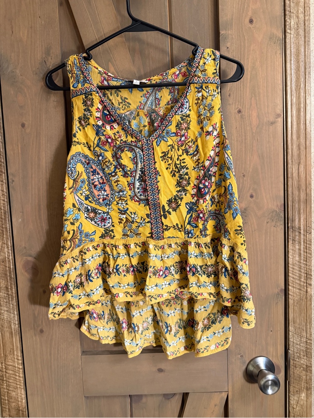 Patrons of Peace Yellow Paisley V-Neck Sleeveless Peplum Top